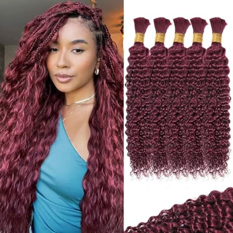 160g 5 Bundles/Pack Human Braiding Hair for Boho Braids Curly Boho Hair for Braiding Knotless 12A Deep Wave Bulk Bohemian Color 99J 22 Inch Burgundy