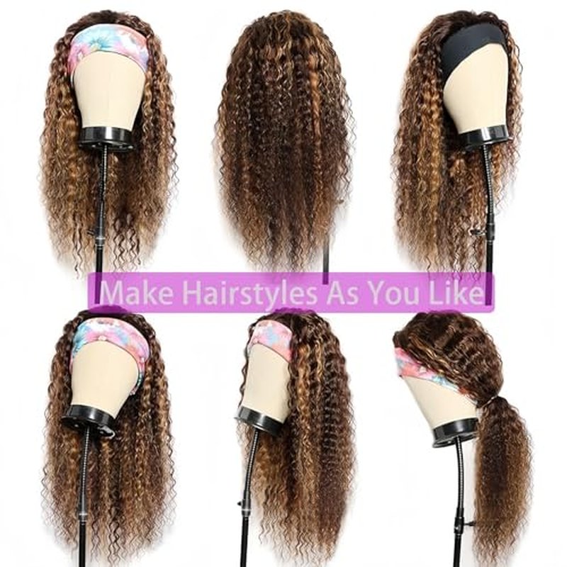 Highlight Ombre Headband Wig Human Hair Curly #4/27 Glueless Brazilian Ombre Deep Wave Headband Wig Human Hair Wigs for Black Women 24 Inch