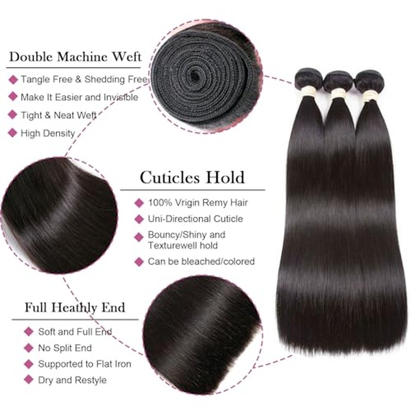 Straight Hair Bundles - 14 16 18 Inch | 100% Unprocessed Brazilian Virgin Human Hair | 3-Pack Quick Weave Bundles with Glossy Finish for Women