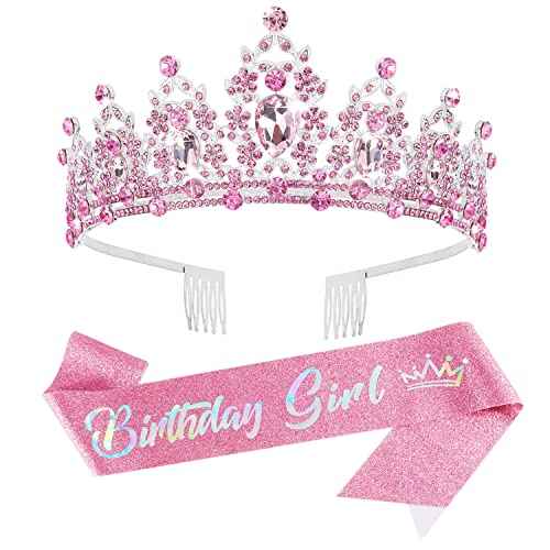 SuPoo Pink Birthday Crown and Sash Kit - Tiara With Rhinestones, Metal Crown With Comb, Glitter Sash, Crystal Headband, Princess Tiaras for Girls - Happy Birthday Decorations