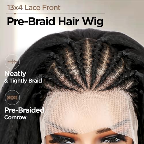 quickwig Kinky Straight Wig Braided Wigs for Black Women Yaki Straight Wig 13x4 Lace Front Braided Wigs 22 Inch Black Glueless Pre Braid Wig Synthetic Handmade Cornrow Braids Wig