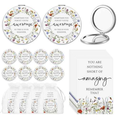 12 Set Inspirational Gifts for Women Bulk Motivational Compact Mirror Makeup Pocket Mirror for Purse Double Sided Folding Mirror Inspirational Gift Cards with Bag for Women