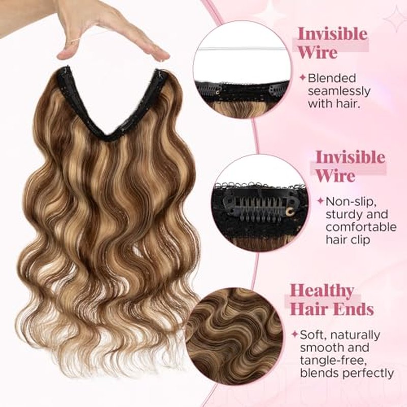 Halo Hair Extensions for Women Human Hair with Invisible Transparent Wire Adjustable Size 2 Secure Clips Long Wavy Secret Hairpiece 18 Inch 4RP27R Medium Brown Mixed Dark Blonde
