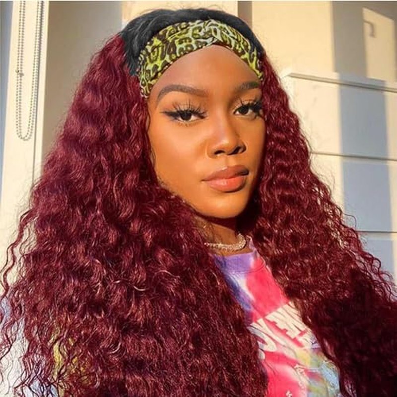 24inch 1B/99J Burgundy Ombre Headband Wig Deep Wave Human Hair Wigs Headband Wig 150% Density Half Glueless None Lace Front Wigs Brazilian Virgin Human Hair Headband Wigs for Black Women