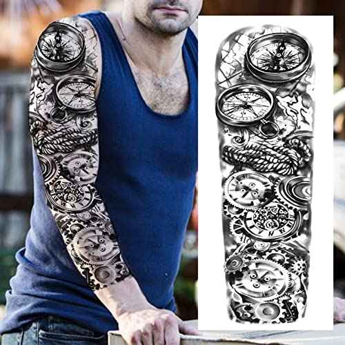 FANRUI 24 Sheets Cool Super Large Full Arm Temporary Tattoo Sleeve For Men with 8 Sheets For Women Thigh, 16 Sheets Flower Eagle Compass Adults Tribal Tiger Tatoo