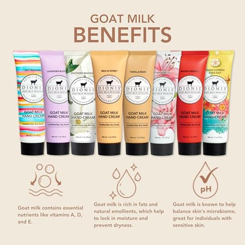 Dionis Goat Milk Skincare 8 Piece Hand Cream Gift Sets - Assorted Scented Travel Size Hand Creams In a Gift Box - Mini Hand Lotion Self Care, Cruelty Free Lotion For Dry Skin, Expanded Hand Cream 2025