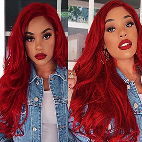 Red Lace Front Wigs for Women Long Curly Wavy Middle Part Natural Looking Wig for Party Cosplay Halloween Daily Use
