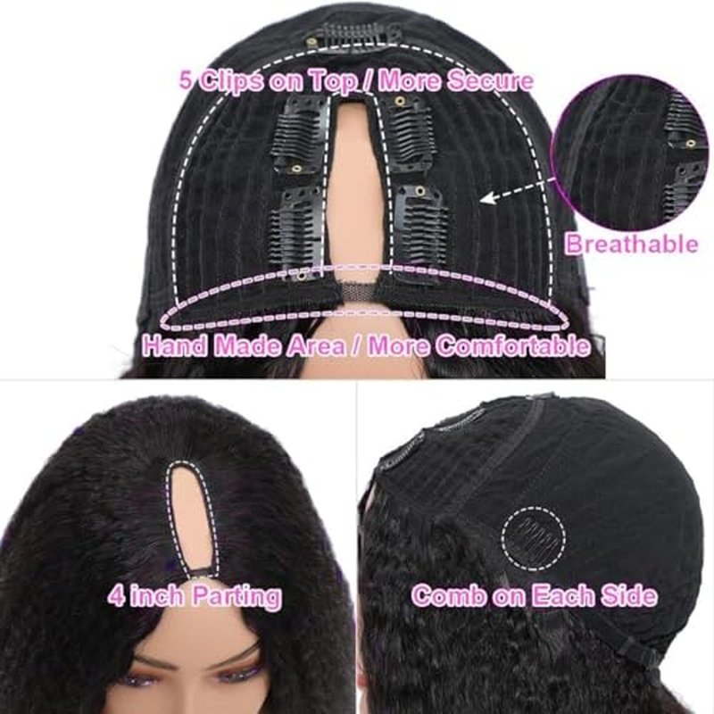 V Part Wig Human Hair Kinky Straight 22 Inch V Part Wig Yaki Straight Clip in Half Wigs for Black Women Human Hair Glueless No Leave Out 180% Density Natural Color