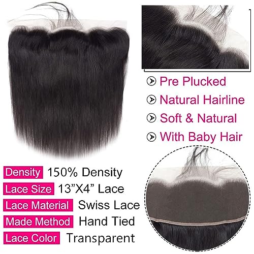 12A Straight Bundles with Frontal Human Hair 16 18 20 with 14 Inch Brazilian Human Hair Bundles with Closure 100% Unprocessed Virgin Hair Weave Bundles with 13x4 HD Lace Frontal