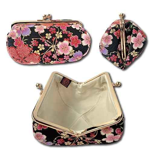 Kiss Lock Small Makeup Bag for Purse [ Made in Japan] Traditional Edo Komon Design Cute Cosmetic Pouch (Cherry blossom (Black))