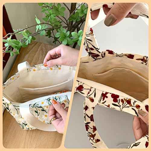 2PCS Small Tote Bag for Women Mini Canvas Embroidered Daisy Book Tote Bag Cute Corduroy Aesthetic Floral Reusable Bags for Grocery, Essentials, Water Bottle, Keys, Book, Bible
