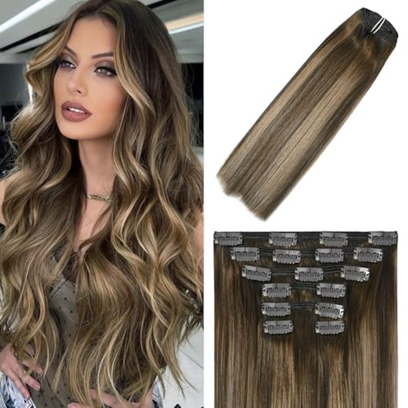 WindTouch Clip in Hair Extensions Ombre Medium Brown to Caramel Blonde Balayage Clip in Hair Extensions Real Human Hair 16Inch 7Pcs 120g