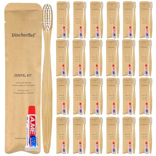 DincherBel Bamboo Toothbrushes Kit Bulk, Disposable Toothbrushes with Toothpaste(6g), Individually Wrapped Toiletries Amenities for Hotel, Airbnb, Homeless, Shelter, Camping and Travel (50 Pack)