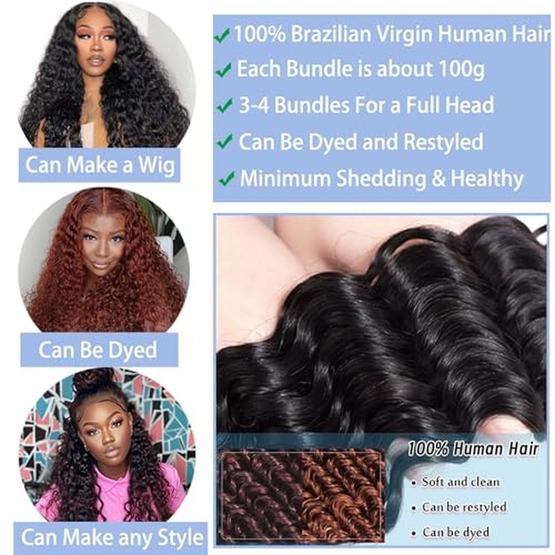 Deep Wave Human Hair Bundles 20 22 24 Inch Deep Curly Bundles Human Hair 12A Unprocessed Brazilian Virgin Weave 3 Bundles Real Human Hair Extensions 1B Bundles for Women