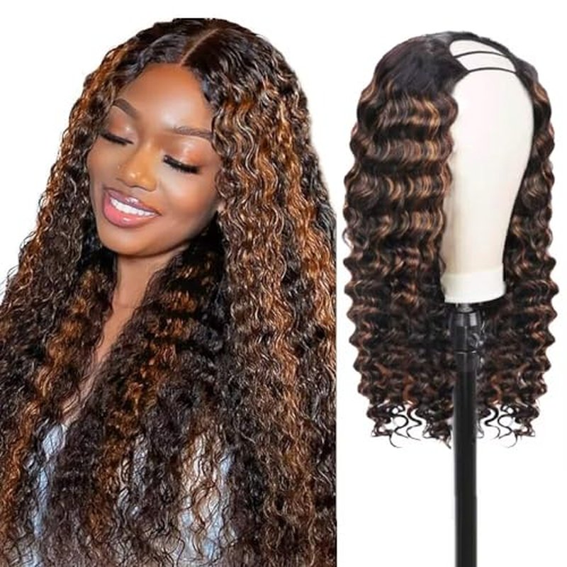 Lucasar FB30 Deep Wave U Part Human Hair Wigs for Black Women 180% Density Glueless U Shape Half Wig 180% Density Wig No Leave Out Lace Glueless Deep Curly Upgrade U Part Wigs (24 inch, FB30)
