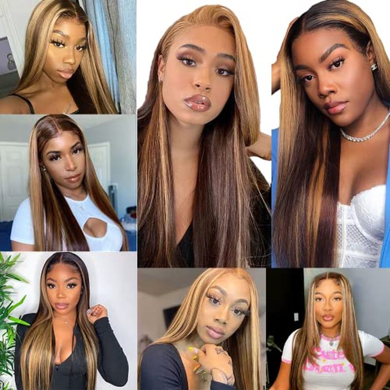 T1BP4/27 Human Hair Straight Bundles 26 28 30 inch Double Weft Brazilian Hair Extensions Ombre 3 Tone Dark Brown and Color 27 Honey Blonde Bundles for Women