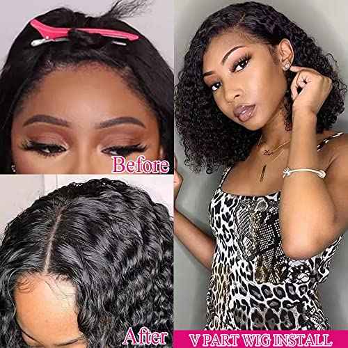 Pixie Cut Wigs Curly V Part Wig Human Hair No Leave Out Brazilian Human Hair Half Wig for Black Women Upgrade U Part Wigs Glueless 180% Density Natural Black 8 Inch