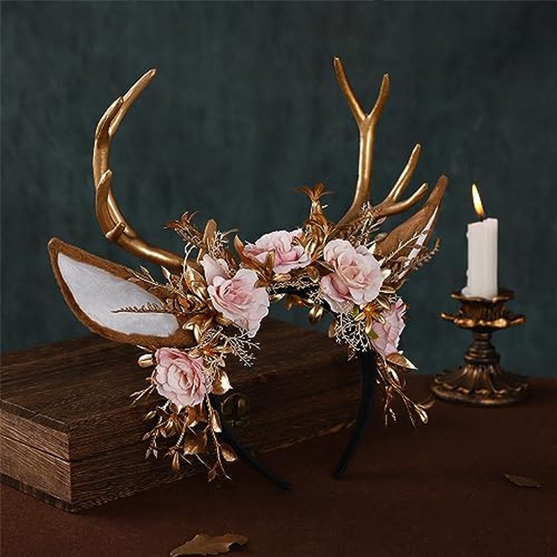 MOSTORY Handmade Gold Flower Antler Headband - Woodland Floral Reindeer Headpiece with Deer Ears Forest Fairy Hairband for Women Girls Renaissance Halloween Cosplay Party Prom Photo Props Pink Rose