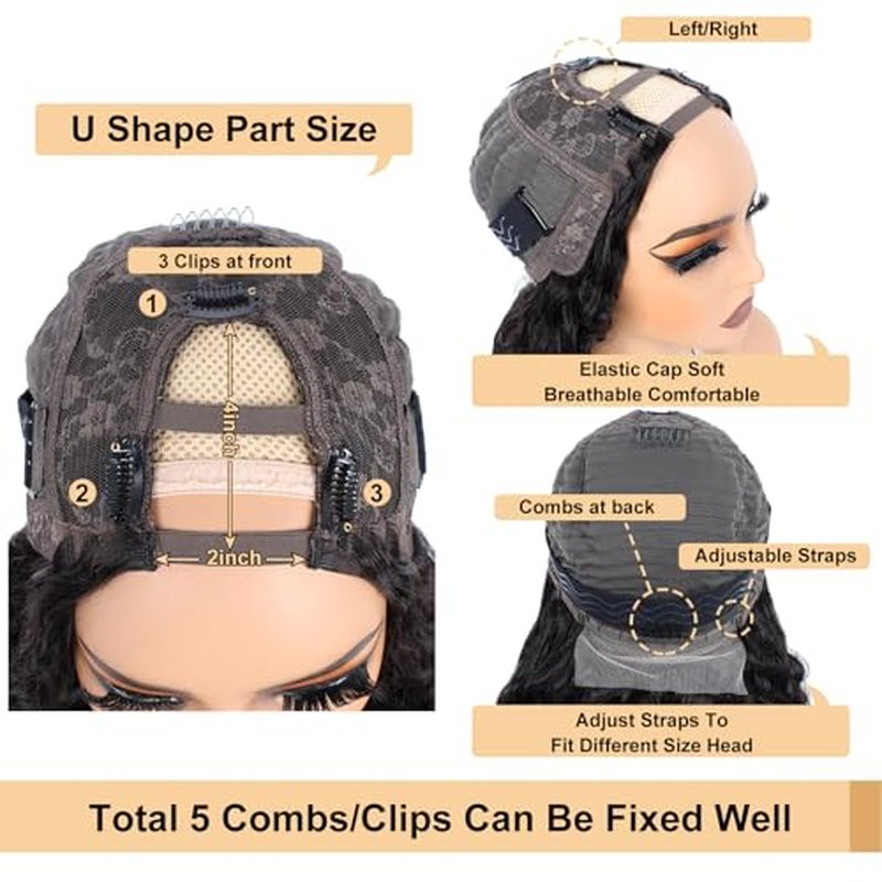 Deep Wave U Part Wig Human Hair for Women 12A Grade Brazilian Virgin Deep Curly Upart Wig Human Hair Wigs 180% Density Glueless Full Head Clip in Half Wig U Shape Wig Natural Color (22 Inch)