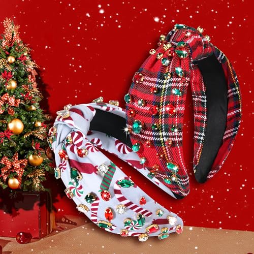 Christmas Headband for Women Holiday Accessories Decorations Xmas Tree Snowflake HoHoHo Crystal Knotted Headband Christmas Festive Headwear Party Gifts (Candy Cane Plaid)