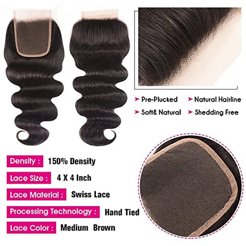 YISEA Brazilian Body Wave Bundles with Closure(16 18 20+14 Closure) Human Hair 3 Bundles with 4x4 Lace Closure Braziian Virgin Human Hair