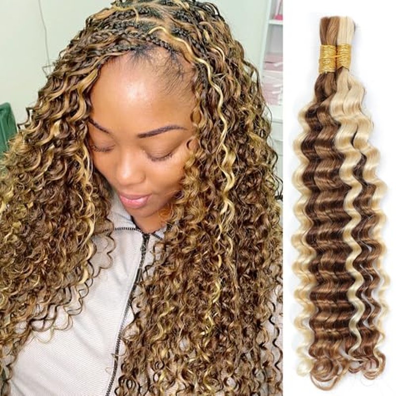 P27/30/613 Human Braiding Hair for Boho Braids Highlight Brown Blonde Deep Wave Bulk Human Hair for Braiding Crochet Curly Braiding Human Hair Knotless Bohemian Braids100g (2 of 50g) 20 Inch
