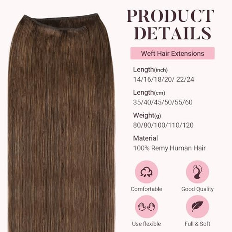 MAXITA Sew in Hair Extensions Real Human Hair, 20 inch 100g Chocolate Brown Remy Straight Human Hair Weft Extensions, Full Hair Double Weft Soft Sew in Extensions