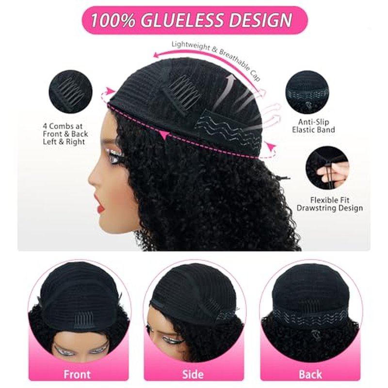 Larhali Burmese Curly Half Wig Human Hair Wear And Go Glueless Wigs Human Hair 18 Inch Curly 3 In 1 Half Wigs for Women 200% Density Drawstring Seamless Flip Headband Wig Beginner Friendly