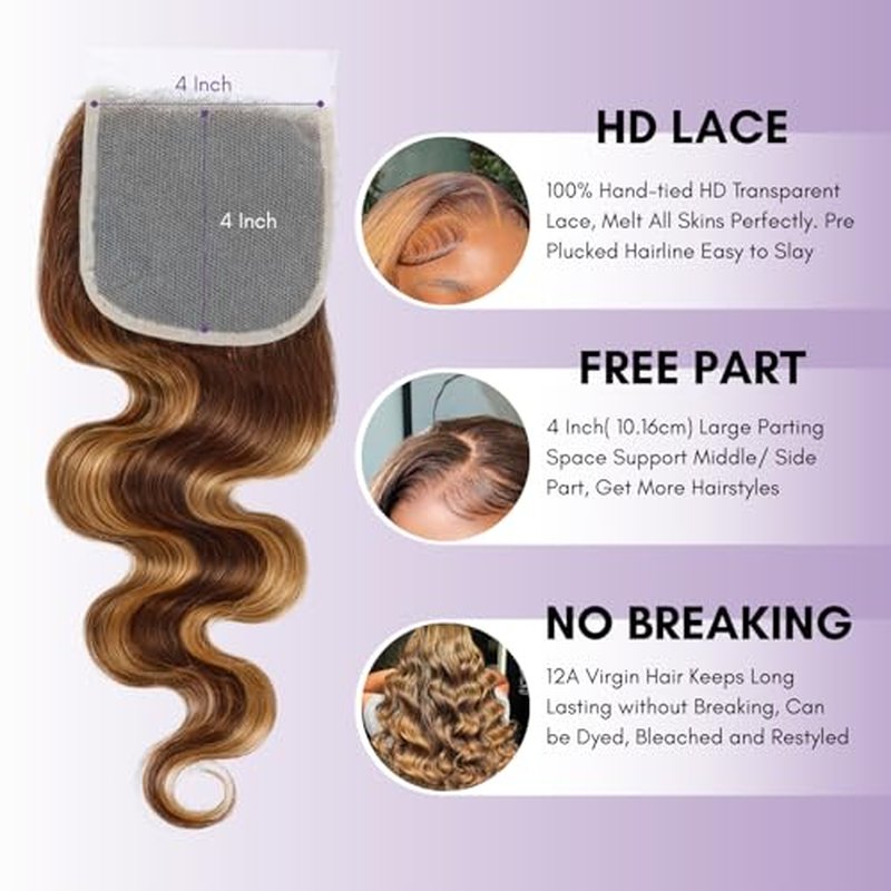 Honey Blonde Highlight Body Wave Bundles with Closure Human Hair, 12A 100% Thick Track Virgin Brazilian Wavy Weave P4/27 Ombre Brown Colored Bundles with 4x4 Closure Pre Plucked Remy 10 12 14+10