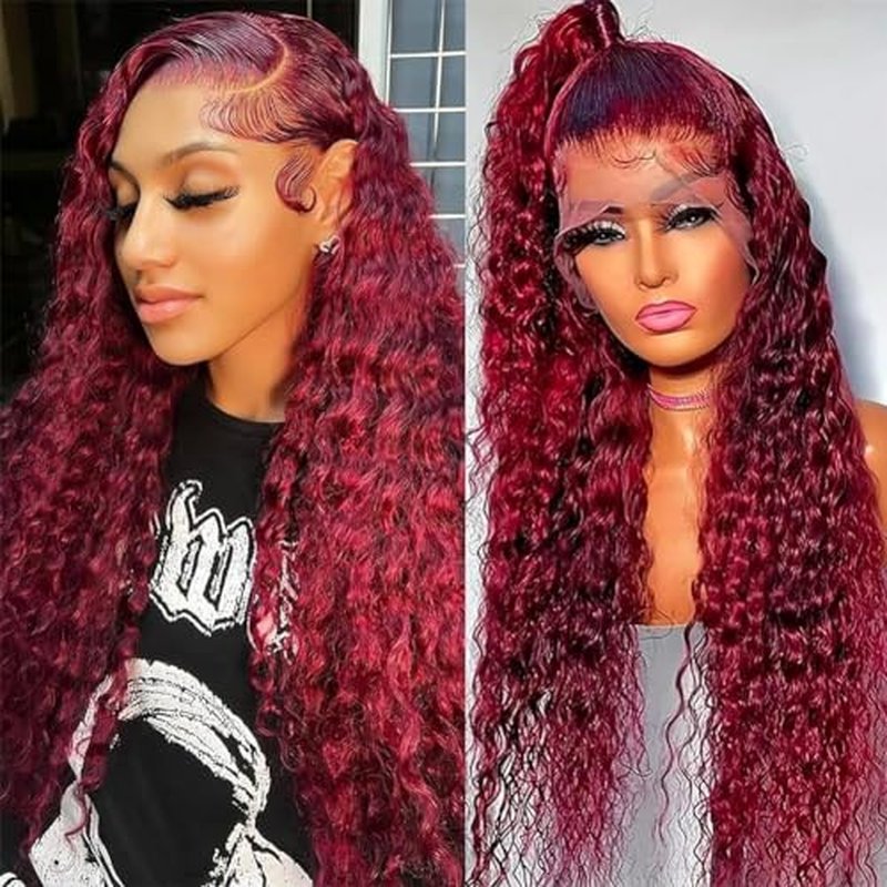 99j Burgundy Deep Wave Lace Front Wig Human Hair 13x4 200% Density Transparent Lace Frontal Wig Curly Wigs for Women Red Curly Wigs Pre Plucked with Baby Hair 99j Lace Front Wig (24inch)