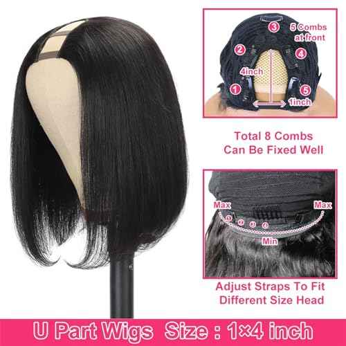 U Part Wig Human Hair Straight Bob Wigs For Women Brazilian Remy Hair Short Bob Human Hair Wigs Clip in UPart Wig Human Hair Natural Black Color 8 Inch