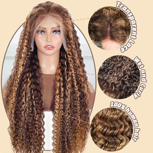 24 inch Ombre Highlight 13x6 Deep Wave Lace Front Wigs Human Hair 200% Density Honey Blonde 4/27 Curly Human Hair Wigs HD Lace Front Glueless Wigs Pre Plucked with Baby Hair Deep Wave Wig