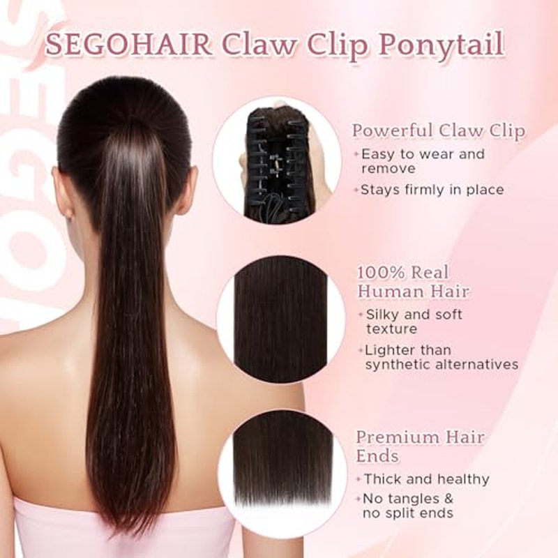 Human Hair Claw Clip Ponytail Extension 100% Real Human Hair Clip-In Extensions for Women Long Straight Pony Tails 18 Inches 115g #02 Dark Brown
