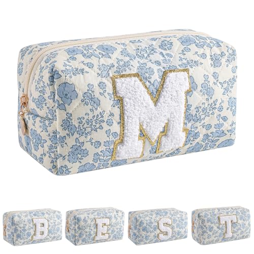 JOVAKIT Alphabet Makeup Bag Cosmetic Bag for Women, Christmas Gifts for Girls Age 6-18, Floral Flowers Coquette Travel Toiletry Zipper Make Up Pouch Organizer Trendy Stuff (Blue Floral M)