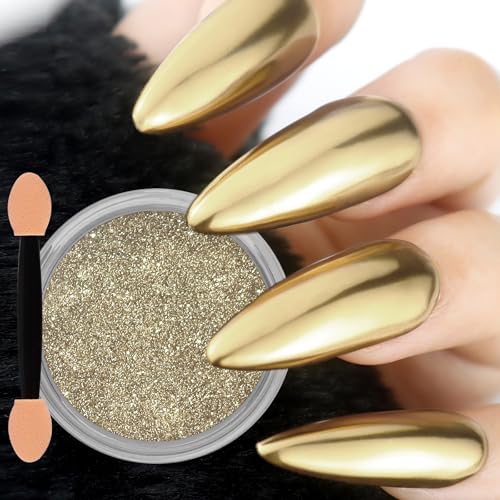 Allstarry Chrome Nail Powder Champagne Gold Metallic Mirror Effect Dust Glitter Glazed Manicure Decoration Reflective Pigment for Gel Polish Nail Art Decoration Resin Craft, Festivals