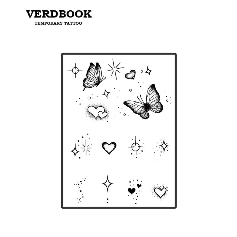 VERDBOOK Waterproof Temporary Tattoos: 2-Sheet Tattoo Kit with Realistic Body Stickers, Semi-Permanent Tattoos for Adults Lasting 7-15 Days – Safe for Men & Women, Butterfly & Heart Pattern