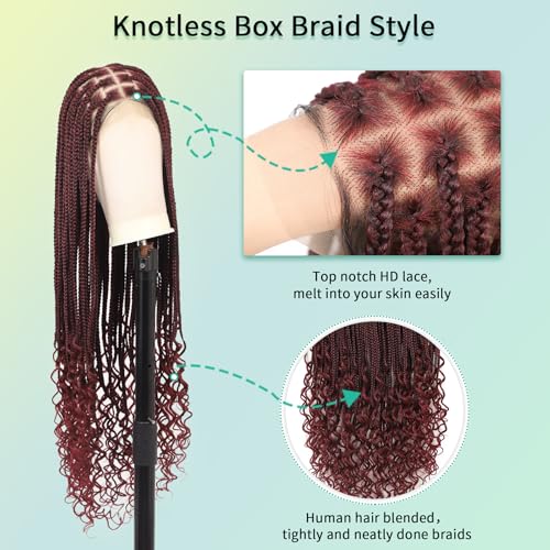 360¡ÆHD Full Lace Knotless Braided Wigs for Women Box Braid Wig with Baby Hair Premium Synthetic Natural Looking Burgundy Braided Lace Front Wigs 36 Inch