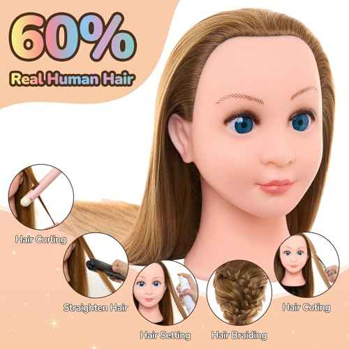 24Inch 80% Real Hair Mannequin Head - Doll head for hair Styling, Cosmetology Mannequin Head with Hair for Braiding Curling,Cuting with Table Clamp Styling Set (Blonde)