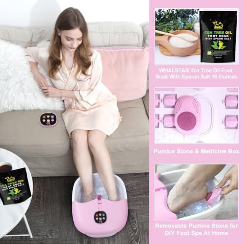 Foot Spa Bath Massager with Heat Bubbles and Vibration Massage and Jets, 16oz Tea Tree Oil Foot Soak Epsom Salt, WHALSTAR Collapsible Foot Bath Bucket With Infrared Fighting Infections & Remote - PINK