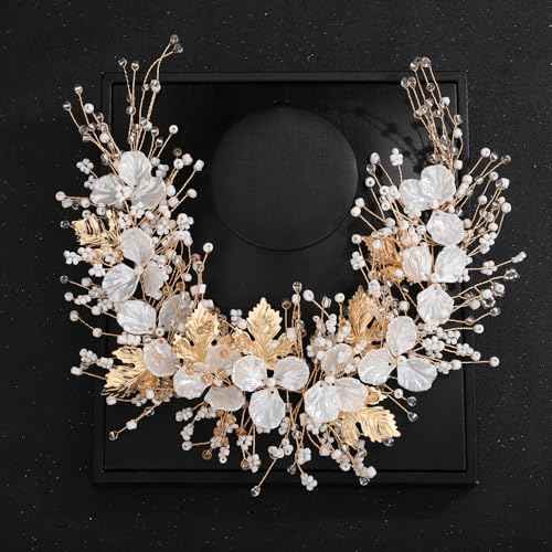 Teyglen Flower Bride Wedding Hair Vine Bridal Flower Headband Gold Silver Leaf Crystal Beads Headpiece Wedding Hair Accessories Floral Head Piece for Women Bride Flower (Gold)