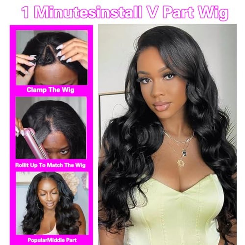 Xagujpo Glueless V Part Wig Human Hair Body Wave for Black Women Upgrade U Part Human Hair Wig 100% Beginner Friendly No Sew In No Glue 180% Density Natural Color (20 inch)