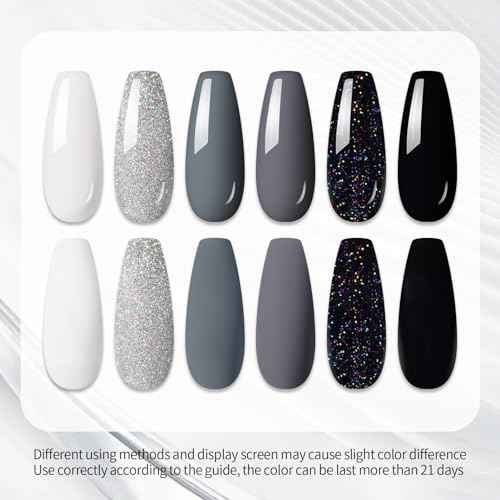 UR SUGAR Black White Gel Nail Polish Set, 6 Colors Black White Grey Gel Polish Black Glitter Sliver Glitter Nail Polish Set for All Seasons Soak Off Gel Nail Manicure Gifts Set for Women