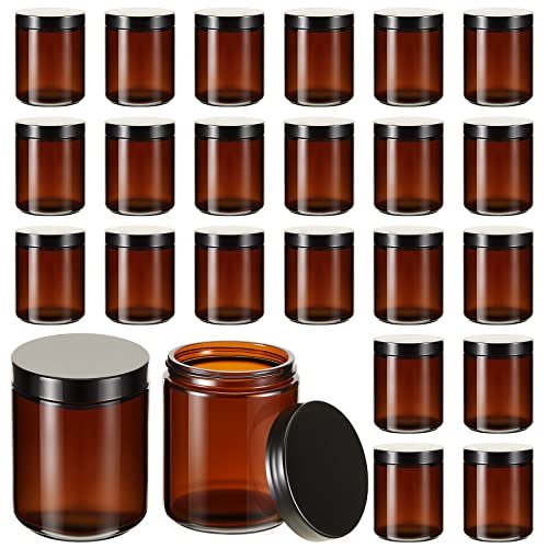 Lallisa 32 Pieces 8 oz Amber Round Glass Jars Empty Leakproof Candle Making Jars Amber Containers with Lids Dishwasher Safe Refillable Containers for Cosmetic Face Creams Body Butter Lotions Storage