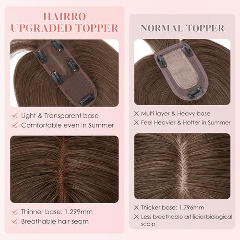 Hairro Human Hair Topper with Wispy Bangs, Clips on 360¡Æ 3D Cover Real Hairpieces Lightweight, 2.25"x6" Base for Women with High Hairline/Thinning Hair, 10 Inch Dark Brown Bangs