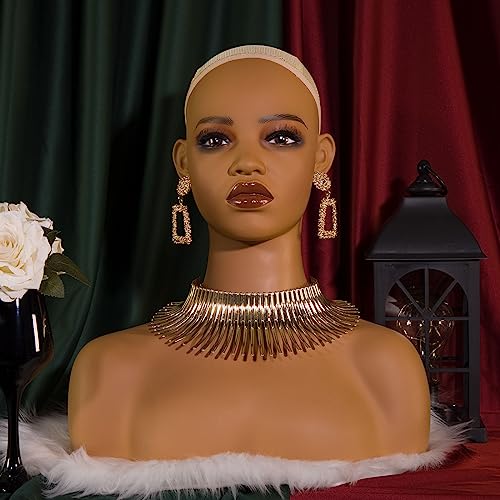 Realistic Female Mannequin Head with Shoulders Manikin Wig Head Stands for Wigs,Makeup,Jewerly,Beauty Accessories Displaying DX 410