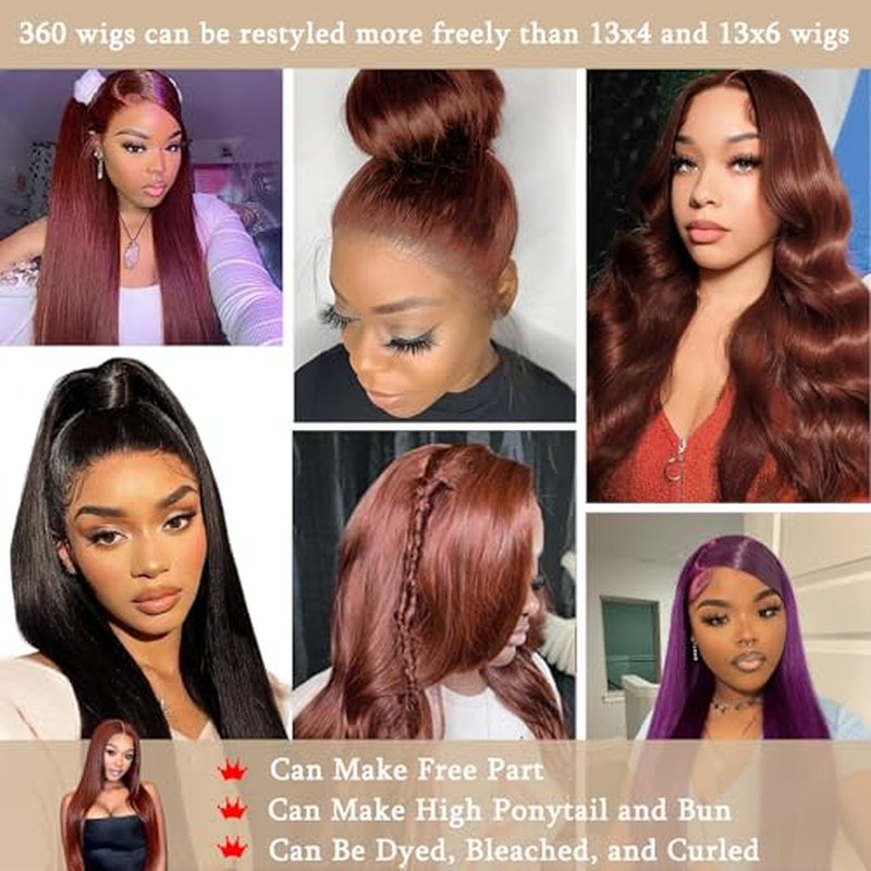 360 Wig Human Hair Full Lace Straight 360 Reddish Brown Lace Front Wigs Human Hair Ponytail Wig 360 Auburn Wigs for Black Women Pre Plucked Virgin Hair Colored Wig Natural HairLine 24 Inch