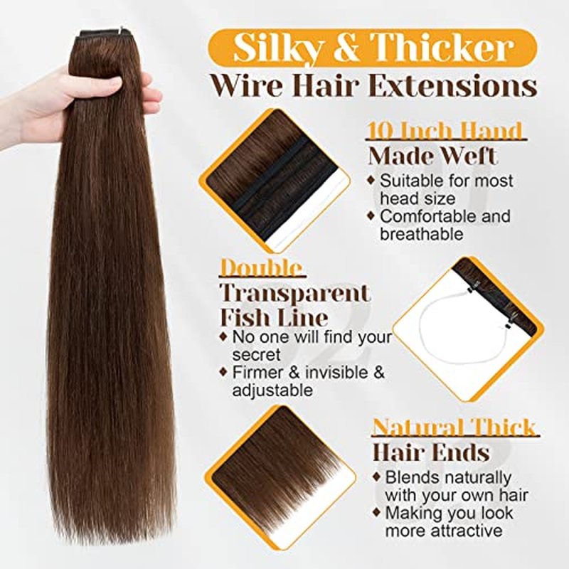 Benehair Human Hair Extensions Thick Ends Invisible Wire Real Human Hair with 2 Fish Lines Thicker Hairpieces 20inch 110g Medium Brown Hair Extensions Straight Thicker Hairpieces for Women #4