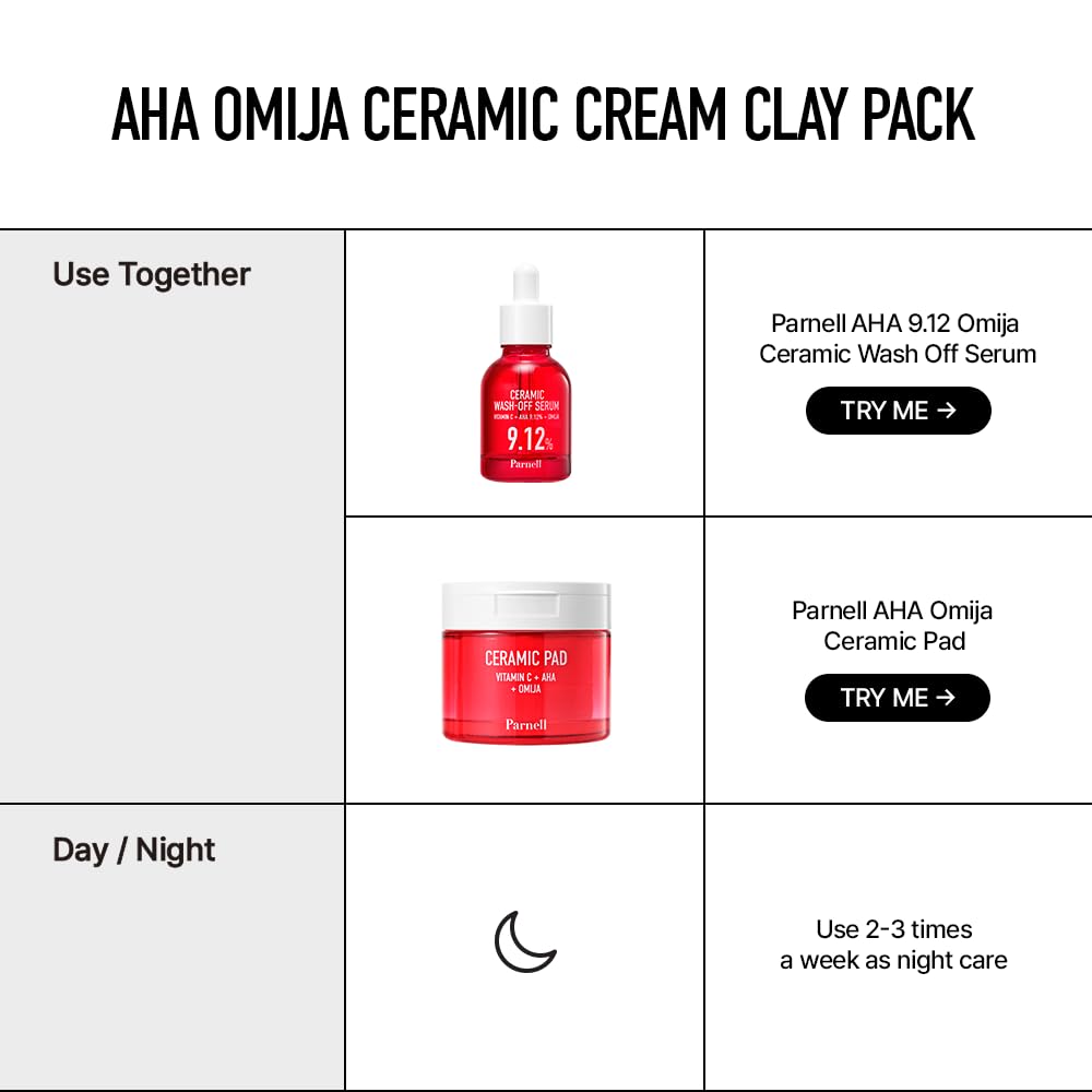 Parnell AHA Omija Ceramic Cream Clay Pack 3.38 fl oz | Pore Purifying Sebum Control Non-Drying Cooling Mask | Exfoliating for Smooth Skin K-Beauty