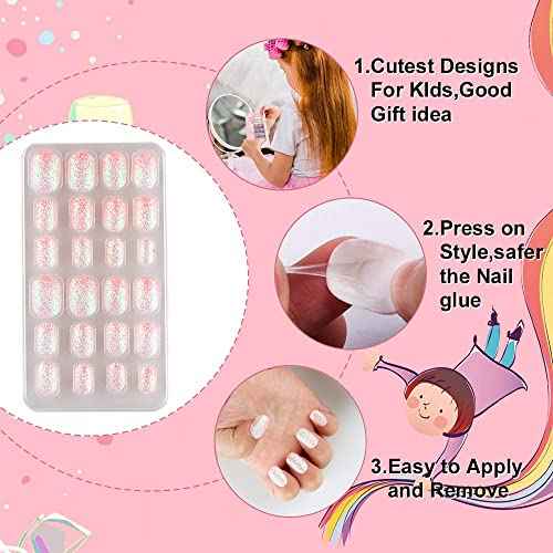 120 Pieces Fake Nails for Girls Gradient Color Kid Nails Press on Pre-glue Children Artificial False Nails Short Oval Full Cover Acrylic Stick on Nail Tips Kit for Little Girl Toys (Gradient Glitter)