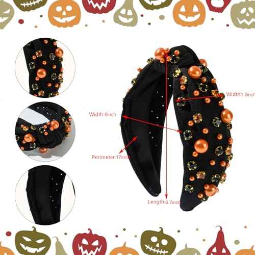Halloween knotted Headband for Women Fashion Black Rhinestone Pearl Headband Hair Accessory, Costume Party Outfits Gifts